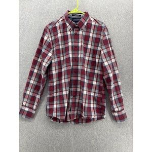 Tommy Hilfiger Men's Button down Shirt Red Plaid Heritage Poplin Long Sleeve Med